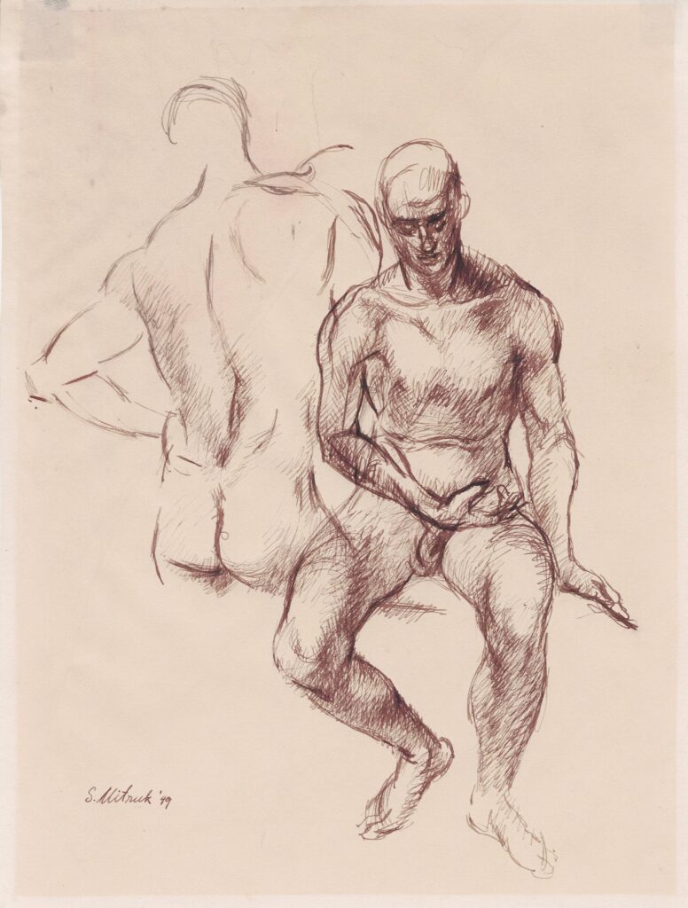Stanley Mitruk 1949 drawing, two male nudes, figure studies