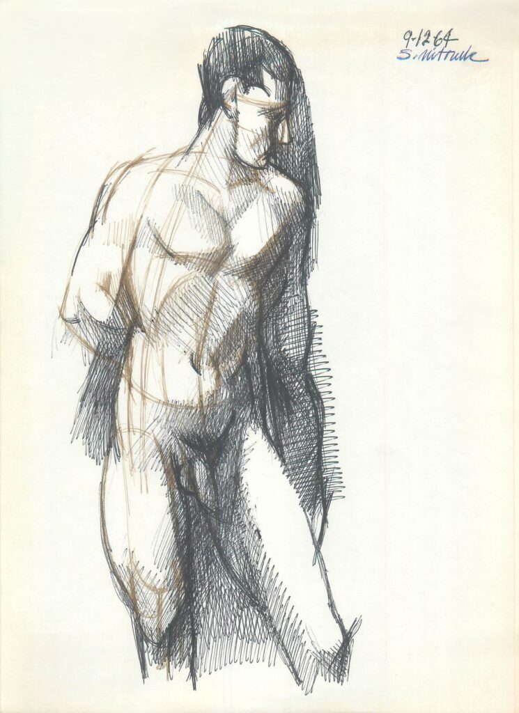 Stanley Mitruk, 1964 drawing, cubist or art deco style male nude figure study